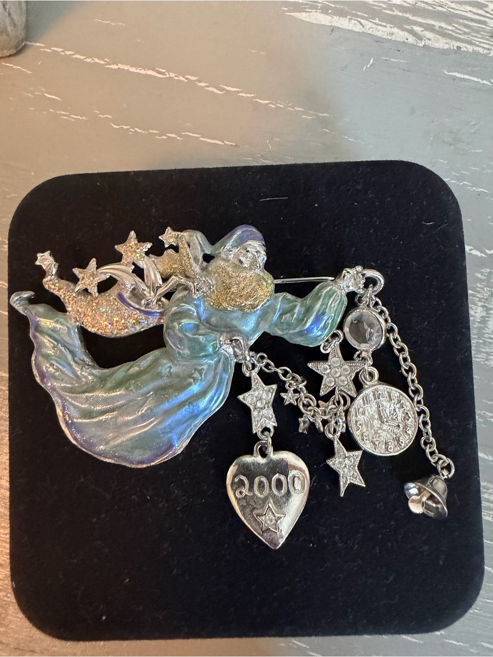 Kirks Folly Iridescent Silver and Gold Angel Brooch with Dangling Charms